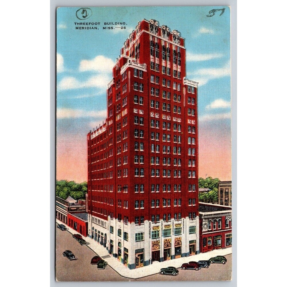 Vintage 1942 Meridian MS Threefoot Building Linen Postcard Art deco Skyscraper